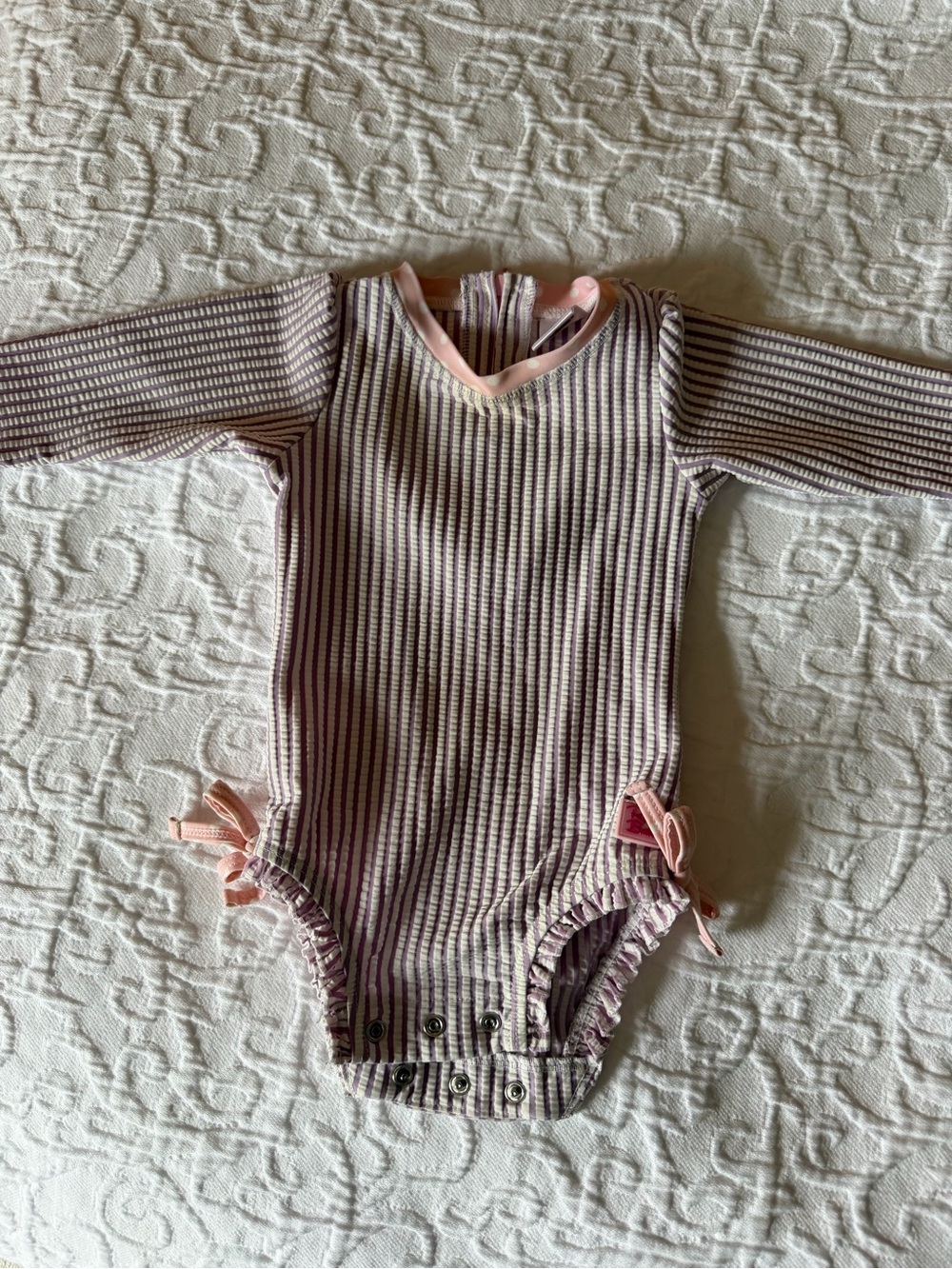 Striped Long-Sleeve Baby One-Piece in Pink and Gray
